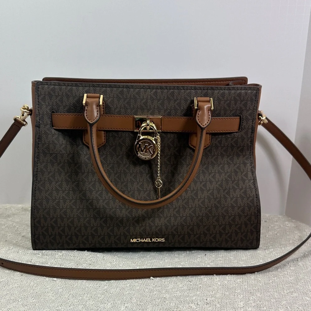 MICHAEL KORS Hamilton Medium Logo Satchel Purse Handbag Brown Gold NEW